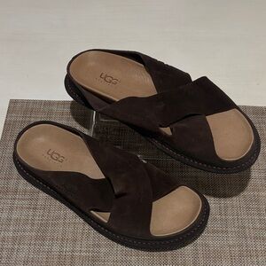 NWOT UGG Dark Brown Suede Cross Strap Slides. Men's 12. Stylish and comfortable!